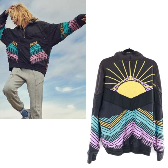 Free People Walk The Line Pullover Jacket Women L Black 90S Y2K Retro Athleisure - Picture 1 of 13